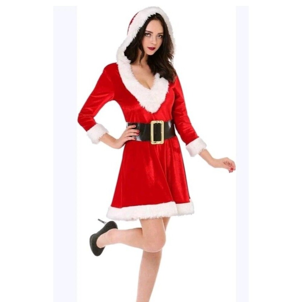 NEW Boo! Inc Mistress Claus Size M Hooded Mini Dress Belted Christmas Costume